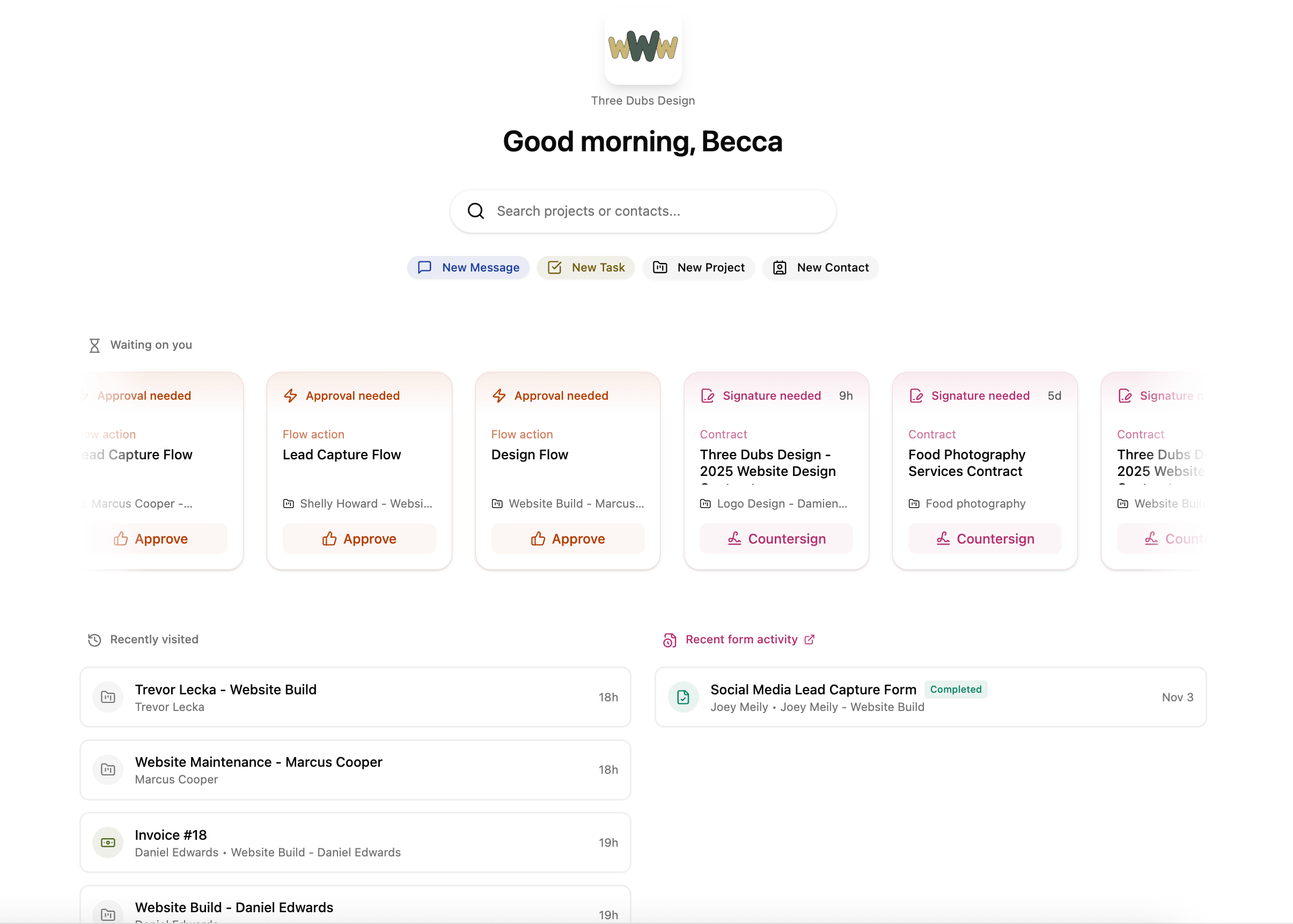 Dubsado dashboard: quick-action buttons, waiting-on-you cards for flow approvals and contract signatures, recently visited projects and recent form activity